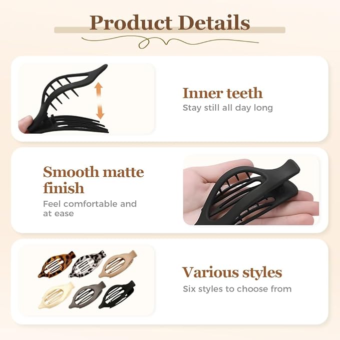 Flat Hair Clips for Women, French Hair Claw Clips for Thick, Thin, Long & Short Hair, Duck Billed Clips, No-Slip Grip Hair Styling Accessories for Women Girls Daily Use (Coffee 6PCS)