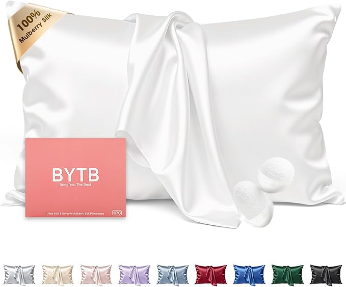 Silk Pillow Cases Standard Size 100% Mulberry Silk Pillowcase for Hair & Skin 22 Momme Both Sided Grade 6A Silk Cooling Soft Breathable 20 x 26 Inches with Hidden Zipper 1PC, White