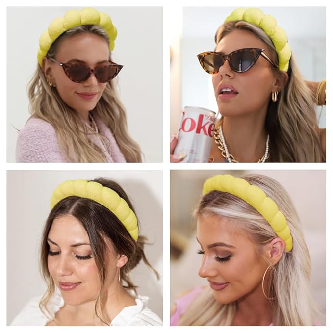Spa Headbands for Washing Face or Makeup, Sponge Bubble Skincare Headbands, Puffy Terry Cloth Hairband for Women, Skin Care Makeup Headwear Hair Accessories for Girls (Yellow)