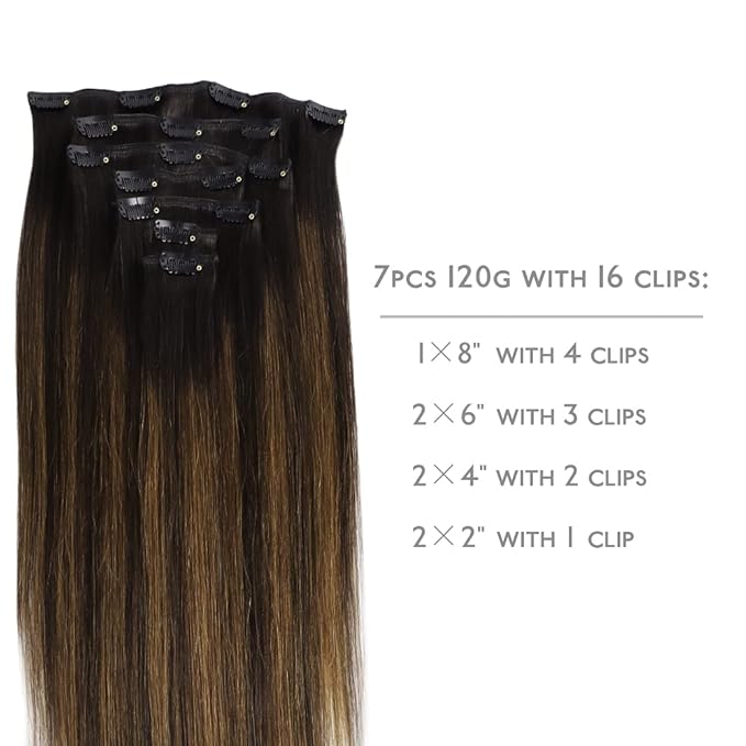 WENNALIFE Clip in Hair Extensions Real Human Hair, 14 Inch 110g 7pcs Remy Hair, Balayage Dark Brown Mixed Chestnut Brown Straight Natural Extensiones De Cabello Humano Con Clip Ins