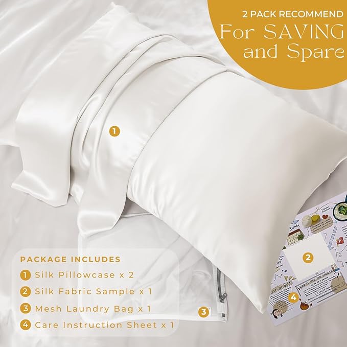 PROMEED White Silk Pillowcase 2 Pack for Hair and Skin, 100% 23 Momme Mulberry Silk Pillow Case Set of 2 with Hidden Zipper, Natural and Acne-Fighting (Queen 20"x30", White)