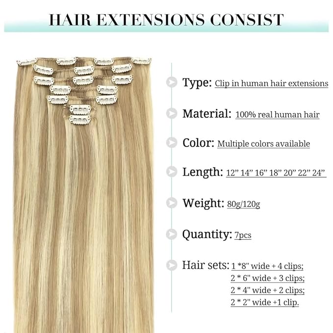 DOORES Clip in Hair Extensions, Real Human Hair, Balayage Dark Blonde Highlighted Bleach Blonde, 20 Inch 120g 7pcs, Remy Natural Straight Thick