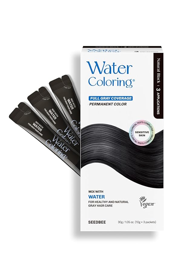 Korean Permanent Hair Dye, Powder Hair Color Kit, Natural Black, Gray Hair Coverage, Plant-Based Formula, Easy Application for Roots, Short & Long Hair, Vegan, Just Mix with Water (3 Powder Packets)