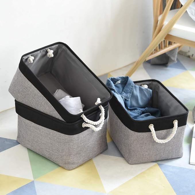TheWarmHome Collapsible Storage Bin for Shelves - 16x12x8 inch Large 3 Pack Storage Basket for Organizing with Rope, Fabric Storage Cubes for Organizer Toy Cloth Gift Closet (Black & Grey)