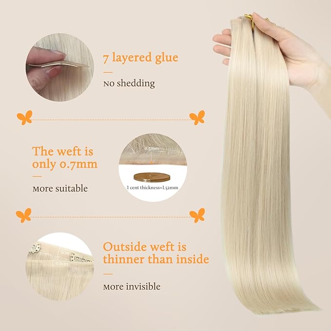 DOORES Hair Extensions Real Human Hair, Platinum Blonde 12 Inch 7pcs 80g, Seamless Clip in Extensions Remy Straight Hair Extensions Clip Invisi Edge Weft