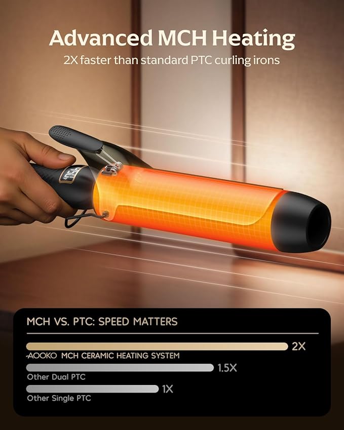 Professional Curling Iron 2 Inch, Large Barrel Curling Wand for Long Hair, MCH Heating with 12 Temperature, Dual Voltage, Black