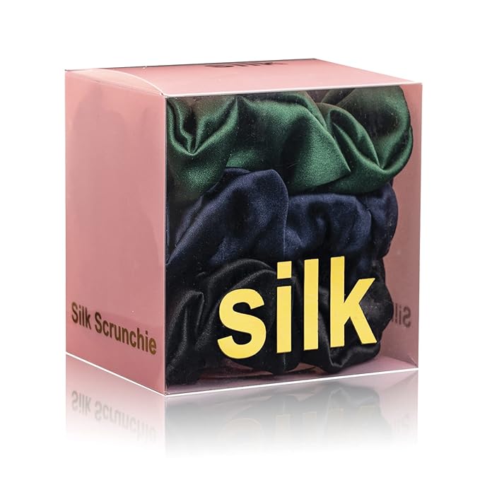 Silk Scrunchies for Hair 100% Mulberry Silk Hair Ties 3 Pack(Black, Navy Blue, Emerald)