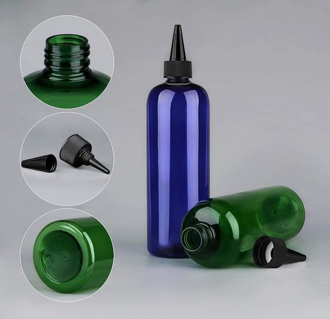 Hair Color Applicator, 16 Ounce 2 Pack Squeeze Bottles for Hair - PET Plastic Refillable With Twist Top Cap - Green and Blue
