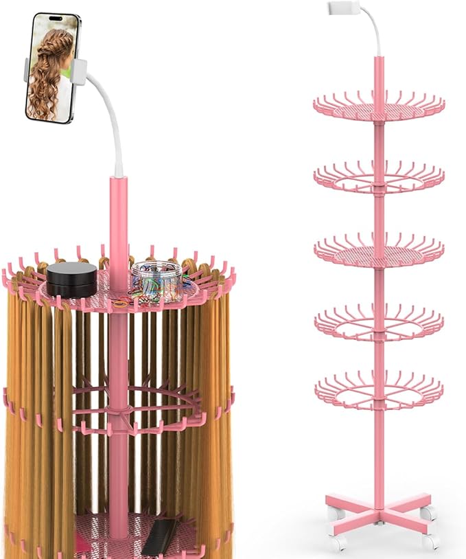 Braiding Hair Rack Standing Hair Extension Holder - 140 Pegs Braiding Hair Rack & Divider Stand with Phone Holder for Displaying and Separating Hair (Pink)