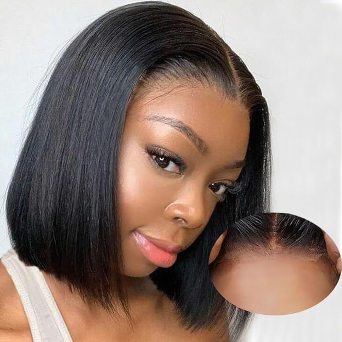 Wear and Go Glueless Bob Wigs Human Hair Pre Plucked Natural Hairline Straight Short Bob Wig 180 Density 4x4 HD Lace Closure Wig Human Hair for Women Brazilian Virgin Hair Natural Black 8 Inch