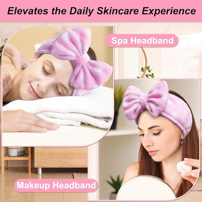Shintop Women Fashion Lovely Soft Carol Fleece Bowknot Bow Makeup Cosmetic Shower Elastic Hair Band Hairlace Headband (Pink Polka dots)