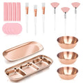 23 Pcs Rose Gold Esthetician Supplies 3 Stainless Steel Facial Mask Mixing Bowls 3 Facial Fan Brushes 3 Flat Brushs Skincare Tray 3-Compartment Serving Tray 12 Compressed Facial Sponges for Skin Care