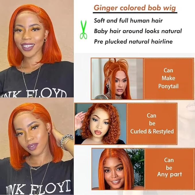 250% Density Ginger Bob Lace Front Wig Human Hair 13x4 Orange HD Lace Closure Human Hair Wig Pre Plucked with Baby Hair Short Ginger Straight Bob Colored Wig for Women 16 Inch