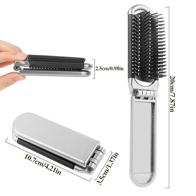 Sliverdew Travel Hair Brush, 2 Pieces, Folding Hair Brush with Mirror, Compact Hair Comb, Portable, Collapsible Pocket Brush, Small, for Women, Silver & Purple