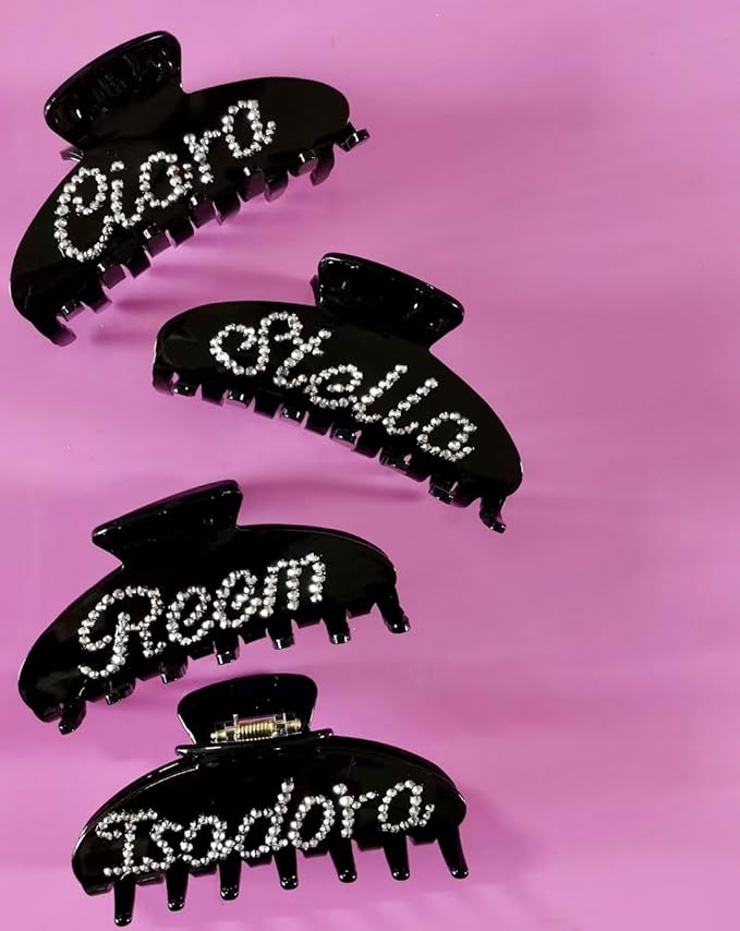 Personalized Name Hair Claw, Custom Rhinestone Bridal Claw Clips (Glitter Grey)