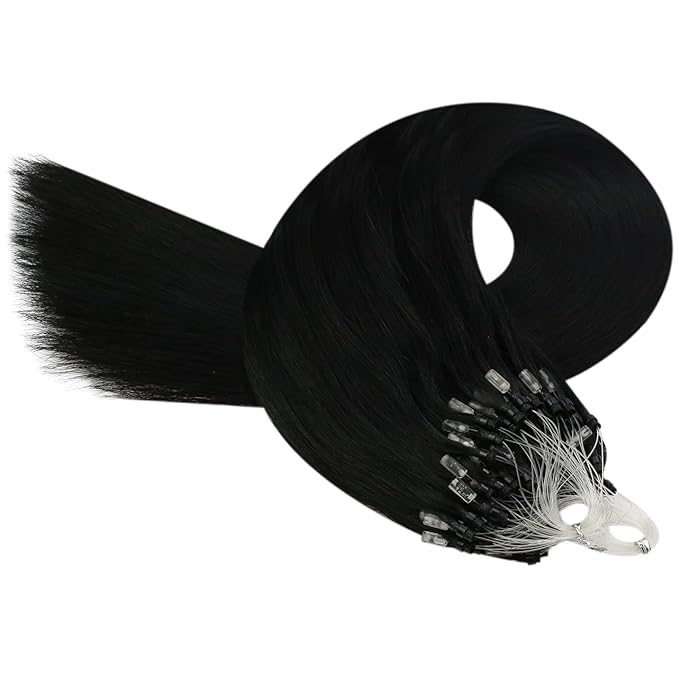 YoungSee Micro Link Hair Extensions Human Hair Black Microbead Hair Extensions Jet Black Micro Loop Hair Extension Human Hair 18 Inch 1g/s 50g Micro Hair Extension #1 for Everyday Wear