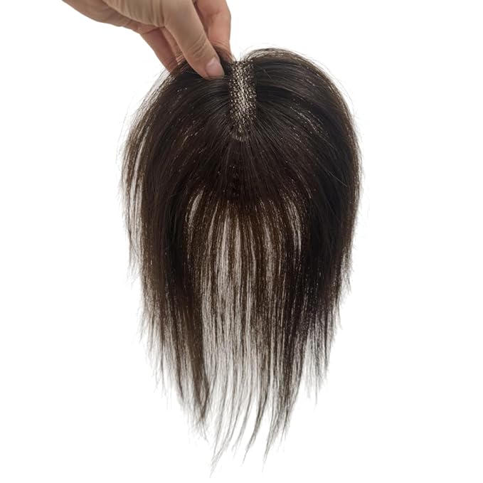 Anemone 100% Real Human Hair Topper No Need Clips Magic Paste Hair Seams 7x10cm Skin Base Fringe Bangs Easy to Wear (Dark Brown French Bangs)