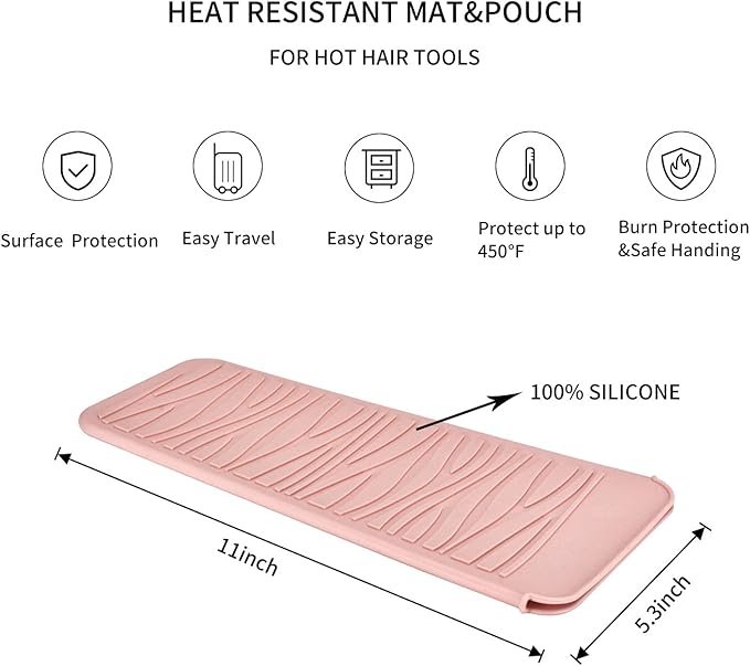 Silicone Heat Resistant Travel Pouch for Hair Straighteners, Crimping Irons, Curling Wands, Flat Irons, and Styling Tools (1 Pack, Pink)