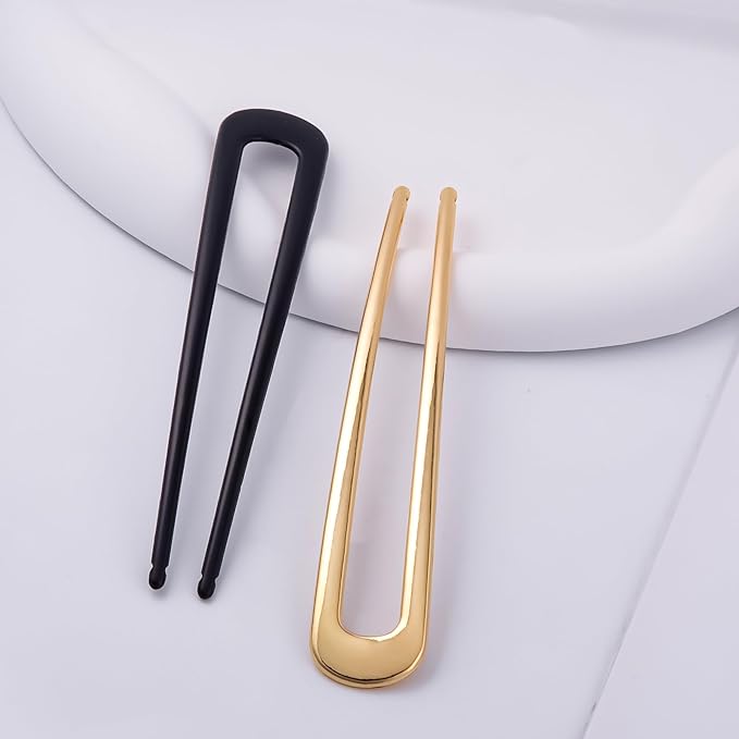 6Pcs Metal French Hair Pins for Women U Shape Sticks 3.9 Inch Vintage Fork for Hairstyle Accessories(Black/Gold)