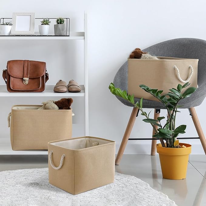 TheWarmHome Organization and Storage Basket for Organizing - 3 Pack 16x12x12 inch Cube Fabric Storage Cubes, Storage Bin for Shelves Gift Closet Organizer Cloth Toy (Beige)