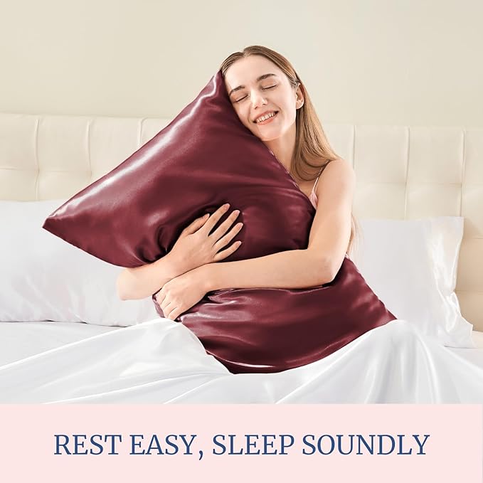 BEDELITE Satin Pillowcase for Hair and Skin, Super Soft and Cooling Similar to Silk Pillow Cases 2 Pack with Envelope Closure, Gift for Women Men(20"x26" Standard Size, Burgundy)