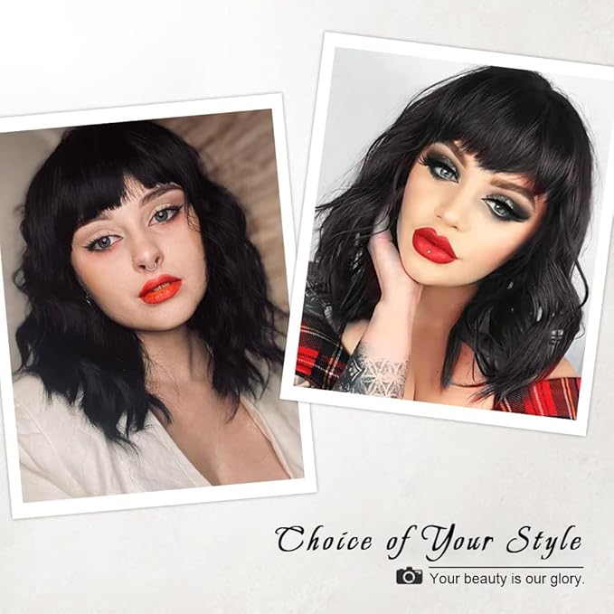 AISI HAIR Bob Curly Wig Synthetic Short Black Wig with Bangs Natural Looking Heat Resistant Fiber Hair for Women