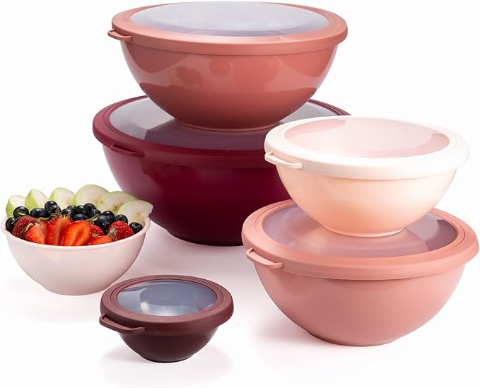 COOK WITH COLOR Mixing Bowls with TPR Lids - 12 Piece Plastic Nesting Bowls Set includes 6 Prep Bowls and 6 Lids, Microwave Safe (Rose)
