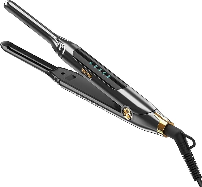 Small Flat Iron 3/10'' Pencil Flat Irons for Short Hair,Pixie Cut & Bangs,Skinny Hair Straightener for Edges with LED Display,Travel Hair Straightener with Dual Voltage,Auto Shut Off（Gray）