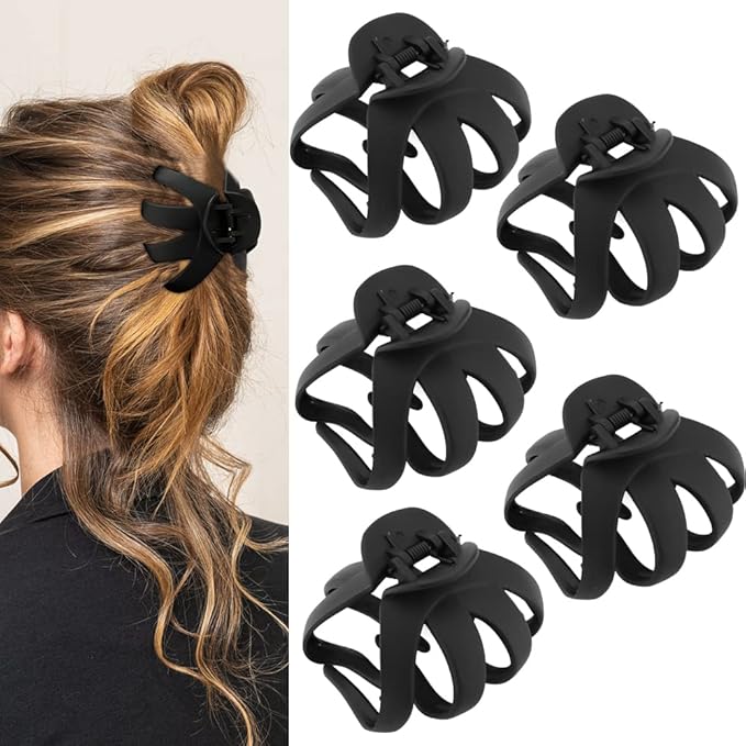 Jumbo Octopus Hair Clips - 3.15" Matte Black Claw Clips for Long, Thick Hair (Pack of 5)