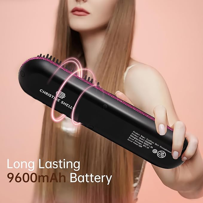 Hair Straightener Brush, Portable Cordless Mini Straightening Brush for Travel, Negative Ion Hot Comb Hair Straightener with 9 Temps for Women, Anti-Scald Ceramic, Fast Charge