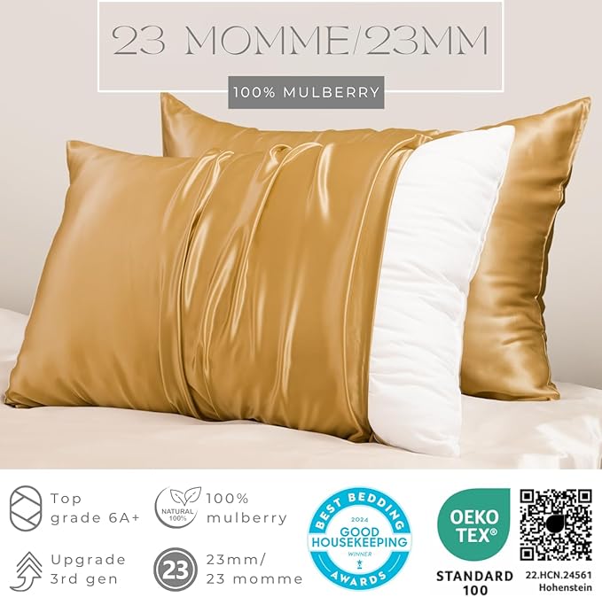 PROMEED 23 Momme Mulberry Silk Pillowcase for Hair and Skin - Both Sides Premium Natural Silk Pillow Case, Grade 6A+ Soft Cooling Pillow Cases, 1pc (Standard 20"x26", Gold)