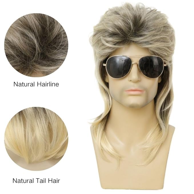 Kaneles Mens Mullet Wigs Dark Root 80s Costumes Halloween Male Wig for Fancy Dress (Dark Root Mix Blonde)