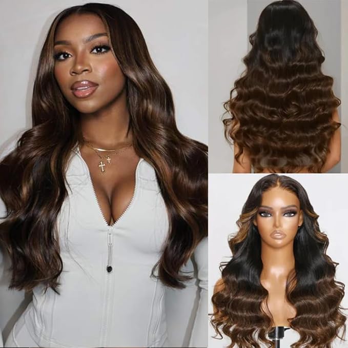YIROO Bye Bye Knots Glueless Wig Highlight Ombre Chestnut Brown Loose Wave Lace Front Wig Pre Plucked Pre Bleached Pre Cut 7x5 HD Lace Closure Wig Put on and Go Ready to Wear Wig 150% Density 26inch