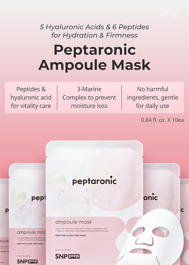 SNP Peptaronic Ampoule Sheet Mask | Peptide and Hyaluronic Acid Sheet Mask | Hydrating, Moisturizing, and Friming for Dry Skin Types | Korean Skin Care Facial Mask | 10 Sheets