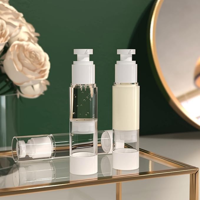 LONGWAY 1.7 Oz 50ml Clear Airless Cosmetic Cream Pump Bottle Travel Size Dispenser Refillable Containers/Foundation Travel Pump Bottle for Shampoo (Pack of 6)