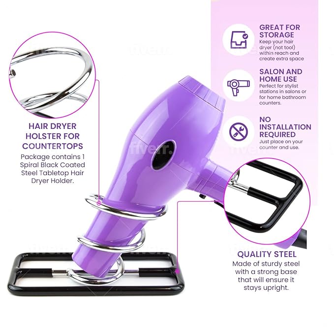 Hair Dryer Holder Countertop - Spiral Salon Blow Dryer Holder Stand (Silver/Black) - Hairdryer Holster - Hairdryer Holder for Bathroom - Hair Dryer Holster