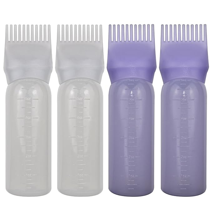 4 Pack Root Comb Applicator Bottle, Hair Oil Comb Applicator for Hair Dye, Shampoos, Salons (White+Purple)