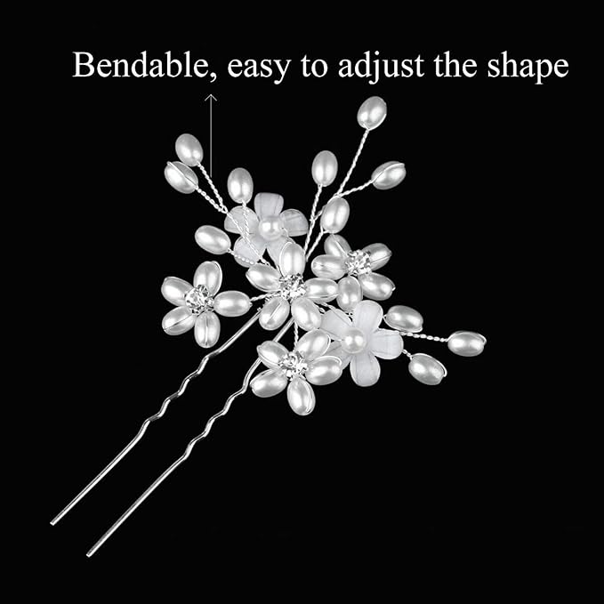 Elegant Pearl Wedding Hair Pins, Bendable Floral Crystal Hair Accessories for Bridal Women, Pack of 3 (Silver)