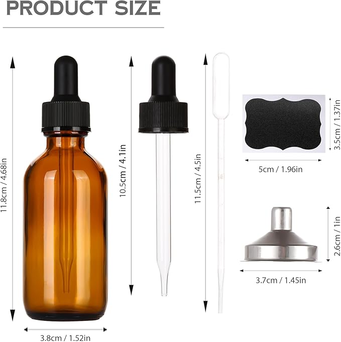 2 oz Amber Glass Dropper Bottles,4 Pack 60ml Empty Reusable Leak Proof Thick Tincture Bottles for Essential Oils,Hair Oil,Liquids,Laboratory,Pharmacist Bottle,Massage,Perfumery Aromatherapy
