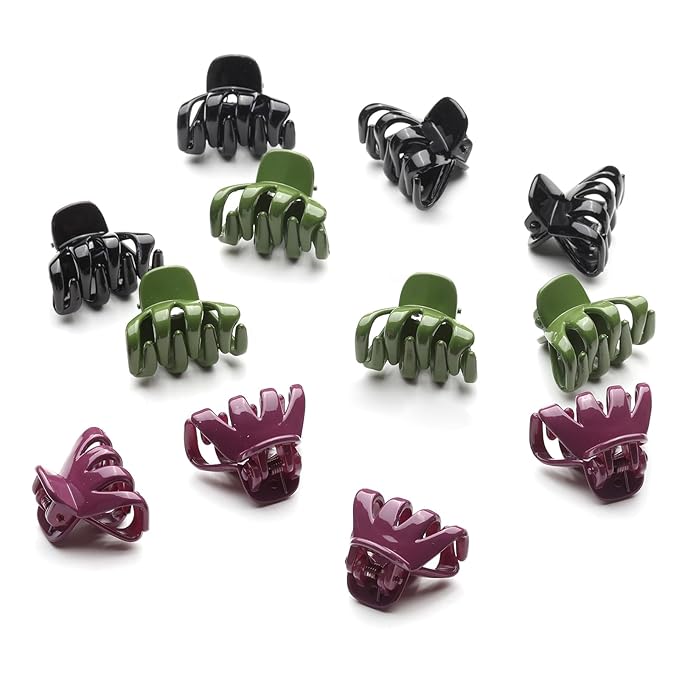 Cobahom 12 Pack Small Hair Claw Clips 1.2 Inch Plastic Hair Clips for Thin Hair No-Slip Mini Hair Clips Hair Styling Accessories for Women and Girls, Purple, Black and Green
