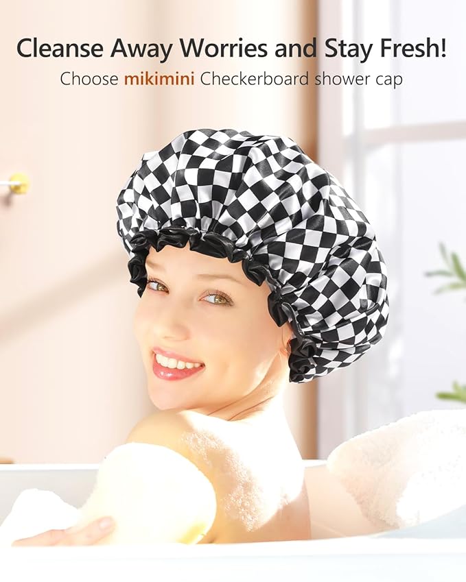 mikimini Large Shower Cap for Women Long Hair, Reusable, Double Layers Waterproof Large Bathing Shower Hat with Soft Comfortable PEVA Lining, Non-Fading, Stretchy & Shower Caps ,Checkerboard (Pack of 1)