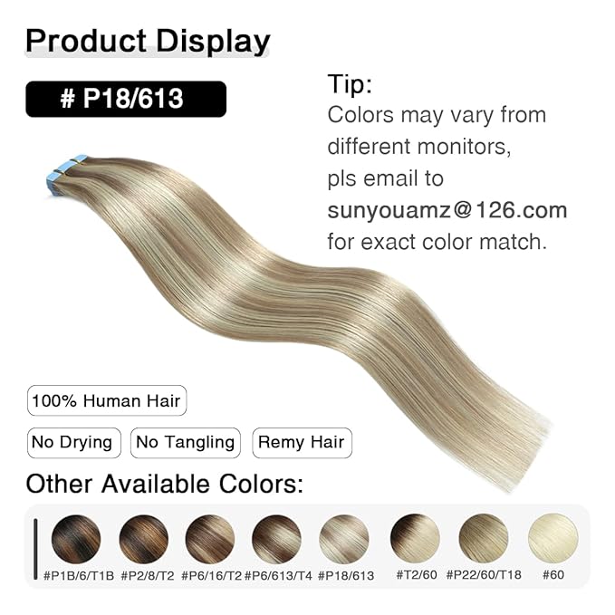 SUYYA Tape in Hair Extensions Human Hair Ash Blonde Highlighted Bleach Blonde 16 Inch 40g/pack 20pcs Straight Seamless Skin Weft Tape in Real Human Hair Extensions(16inch #P18/613)