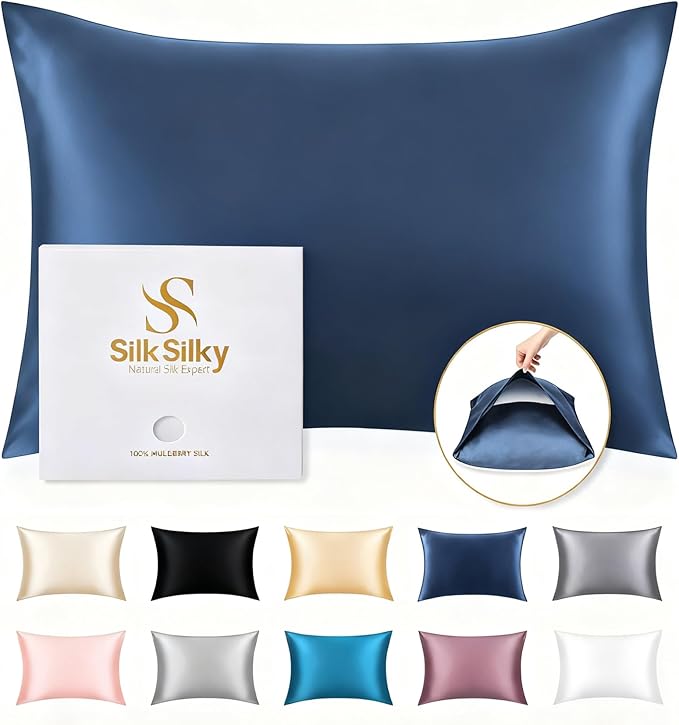 SilkSilky 100% Mulberry Silk Pillowcase - Pure 22 Momme High-Grade 6A Fibers for Hair & Skin, Envelope Closure, Natural, Organic, Breathable & Cooling Pillow Case (Standard, Dark Blue)
