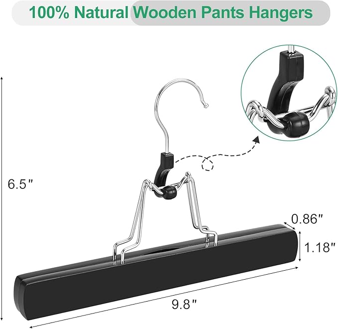 TOPIA HANGER 12 Pack Wooden Pants Hangers, Hair Extension Hangers Non Slip Skirt Hanger Wood Clamp with Velvet Padded 360° Swivel Hook for Jeans, Skirts, Trousers, Wigs CT67B