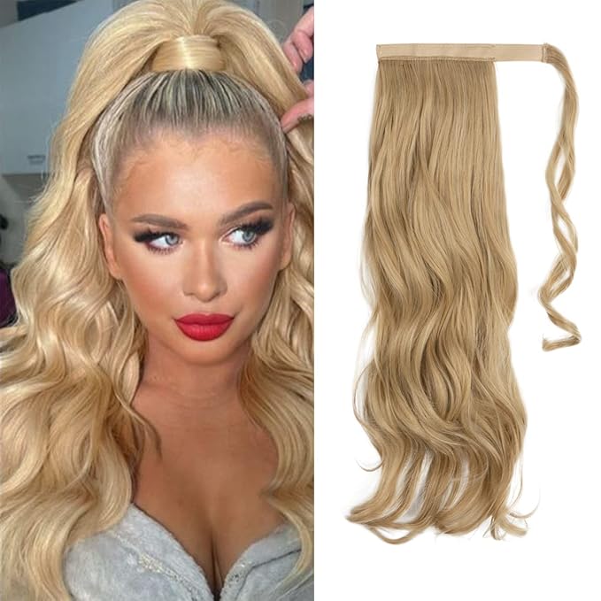CJL HAIR 22" Long Ponytail Hair Extension Wrap Around Pony Tail Clip in Curly Wavy Synthetic Fake Hairpiece for Women Light Honet Blonde