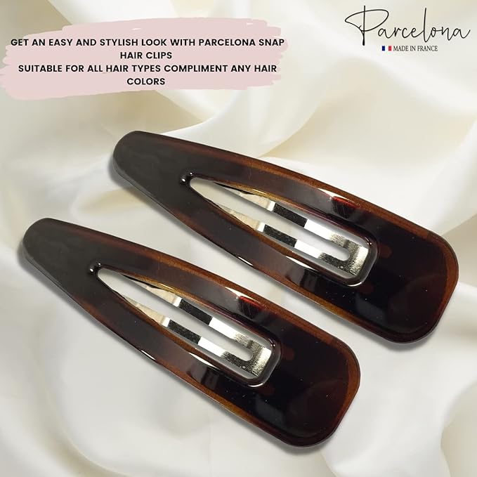 Parcelona French Clic Clac 3 1/4" Tortoise Shell Brown Celluloid No Slip Grip Snap Hair Clips for Women