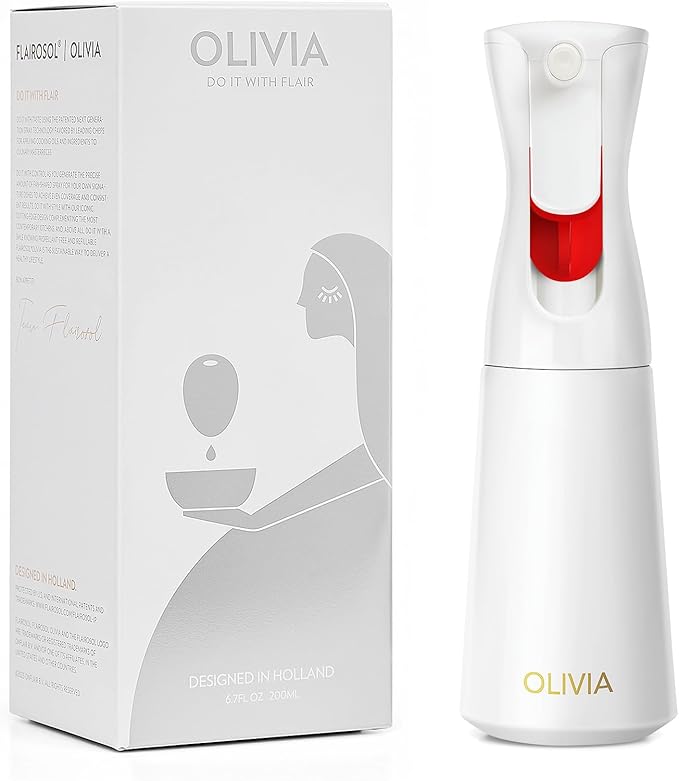 FLAIROSOL OLIVIA Oil Sprayer for Cooking, 200ml Glass Olive Oil Sprayer, Continuous Cooking Spray with Portion Control, Oil Dispenser for Kitchen, Air Fryer, Salad, BBQ (White Bottle, Gold Print)