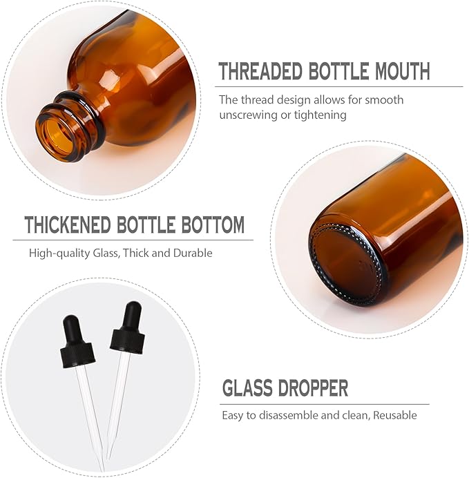 2 oz Amber Glass Dropper Bottles,4 Pack 60ml Empty Reusable Leak Proof Thick Tincture Bottles for Essential Oils,Hair Oil,Liquids,Laboratory,Pharmacist Bottle,Massage,Perfumery Aromatherapy
