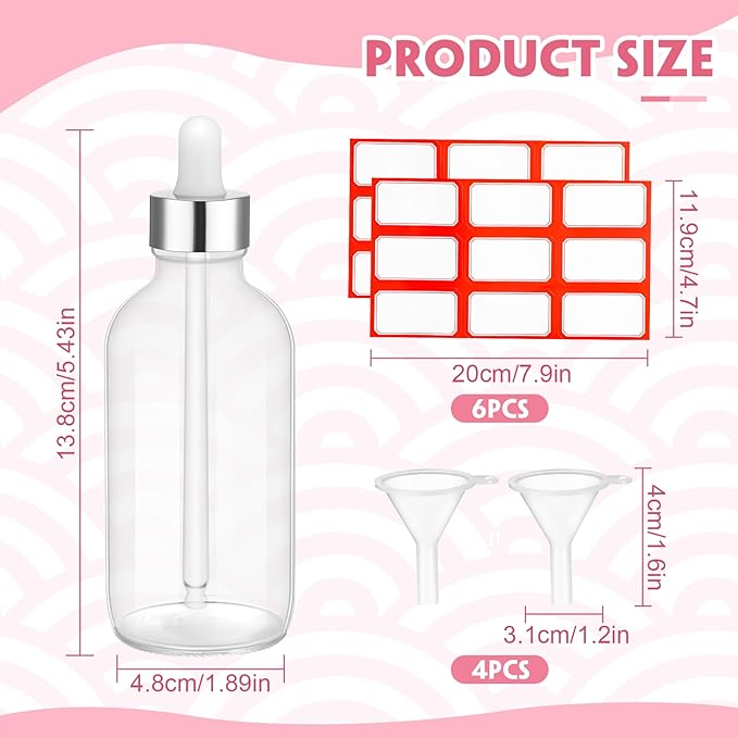 Dandat 50 Pack 4 oz Glass Dropper Bottles Leakproof 120 ml Glass Tincture Bottles with Eye Droppers, 4 Funnels, 54 Labels for Essential Oil Perfumes Hair Oil(Transparent)