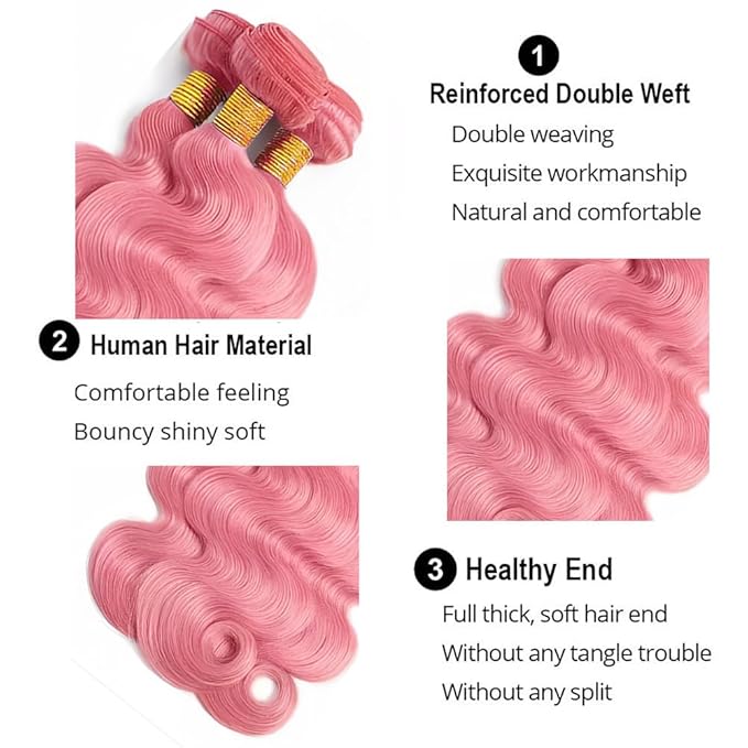 Pink Bundles Human Hair Light Pink Body Wave Hair Weave 22 24 26 Inch Niegmeag Brazilian Virgin Remy Hair Extensions 300g